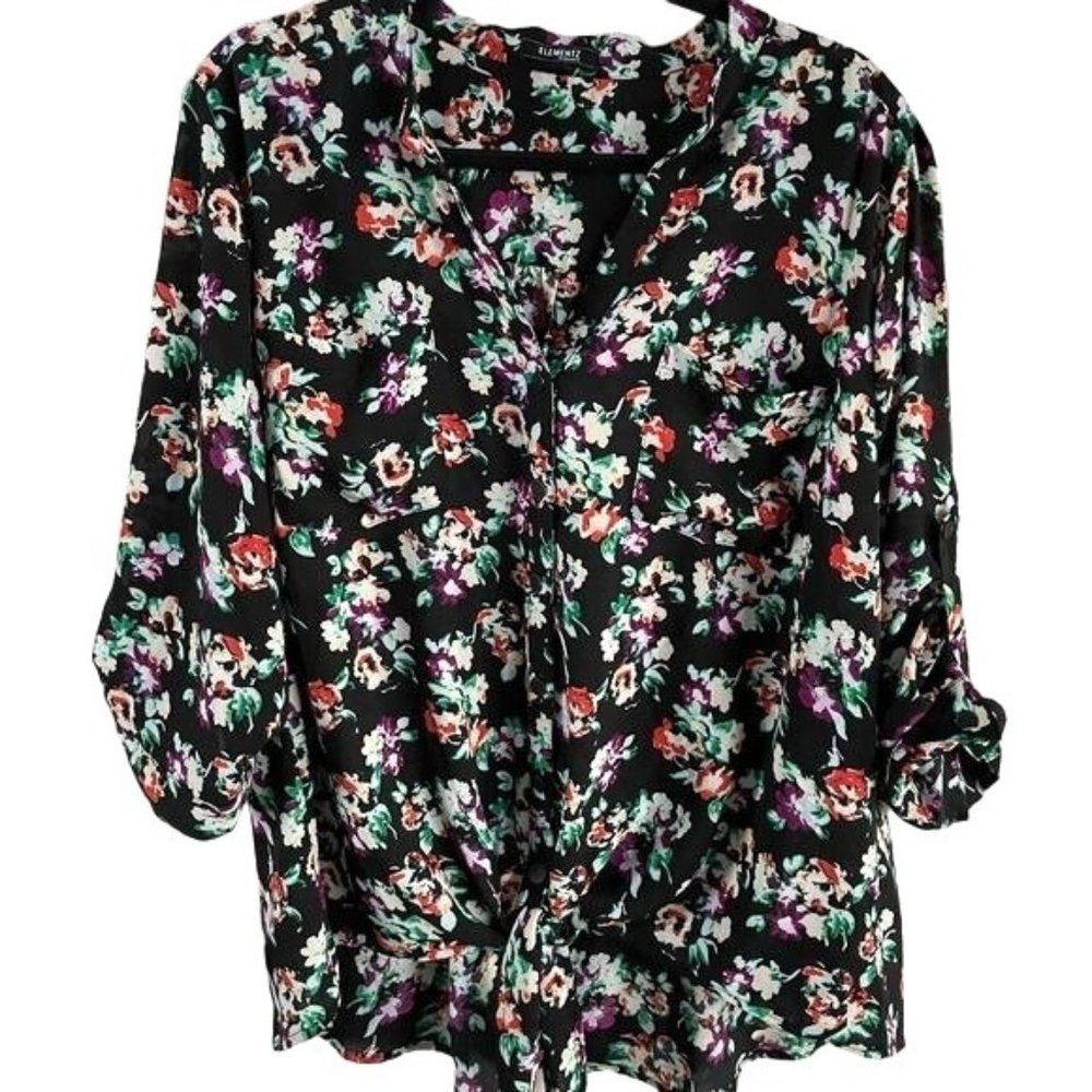 Elements Woman Black Floral Plus Size Tie Front Blouse, Size 3X